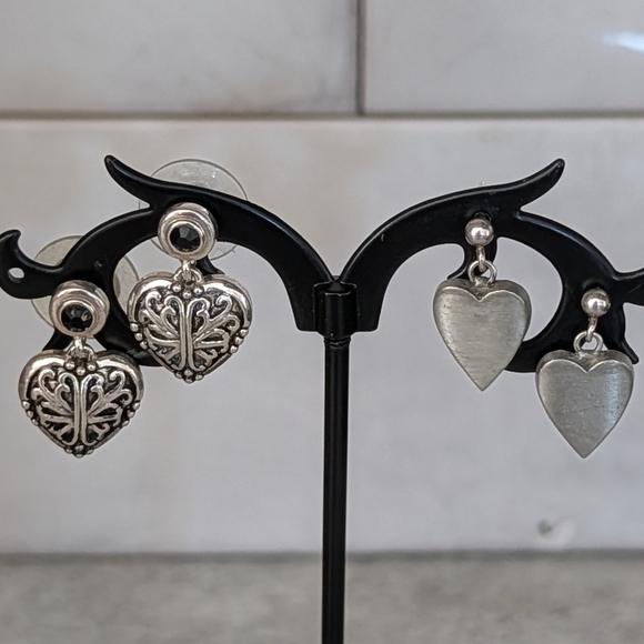 Silver Tone Tiny Heart Post Drop Earrings Set - Picture 2 of 12